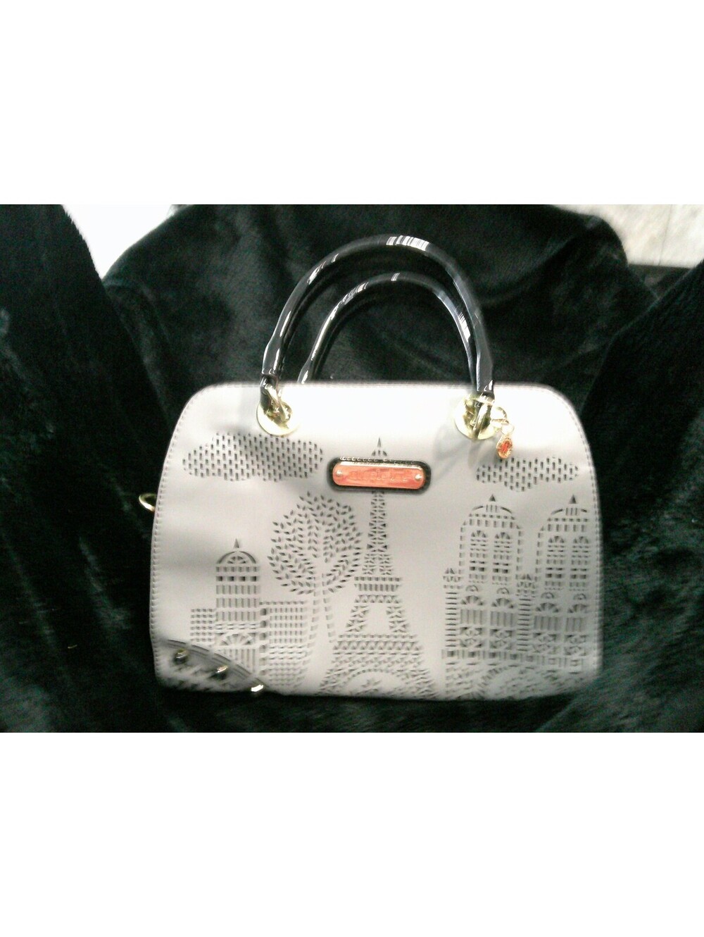 Nicole Lee USA Gray and Black Handbag with Paris Design